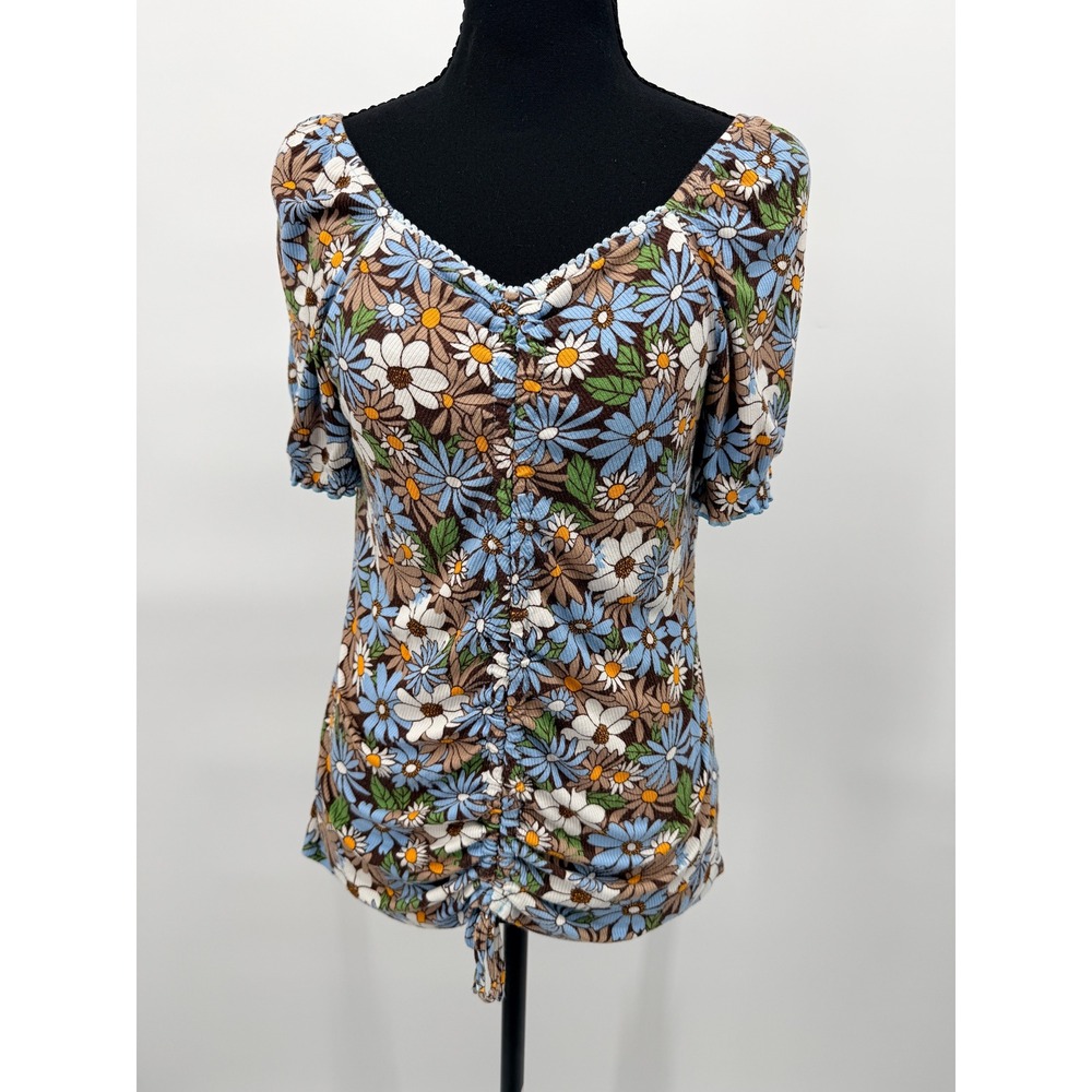 Cato Floral Ruched Top Womens Small Blue Brown Ribbed Knit Short Sleeve EX